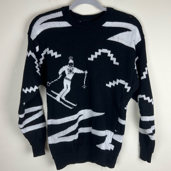 Lido Sports 80s True Vintage Ski Lodge Wool Graphic Sweater Black & White XS / S - Picture 1 of 7